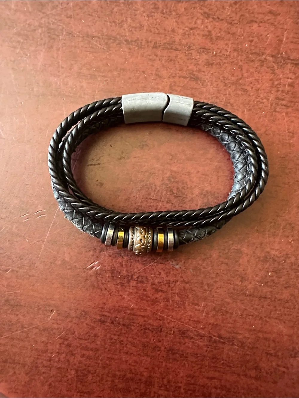 #137, Men's Black Braided Leather Bracelet with Metal Beads